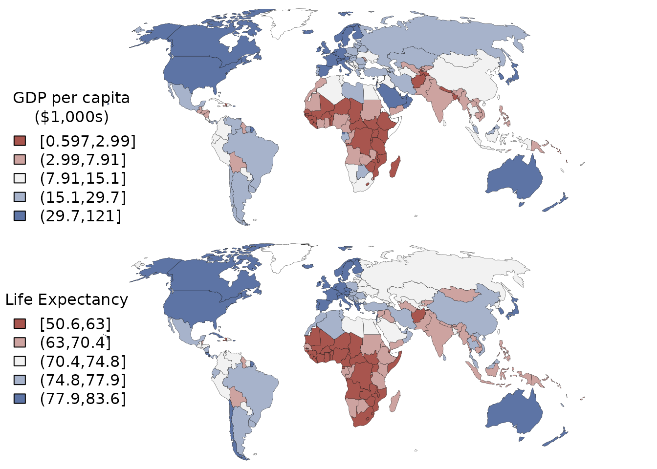 *Choropleth maps of GDP per capita and life expectancy.*